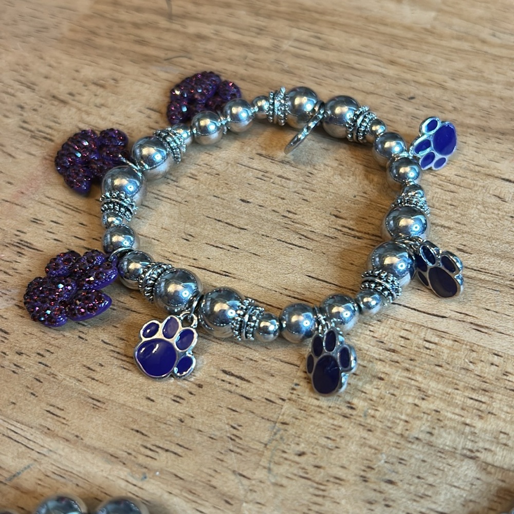 Amethyst Crystal Paw Print Charms Antique Silver Bead Stretch Bracelet - Picture 3 of 4